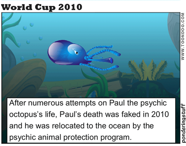 Paul the psychic octopus received death threats after his soccer world cup predictions became true. 